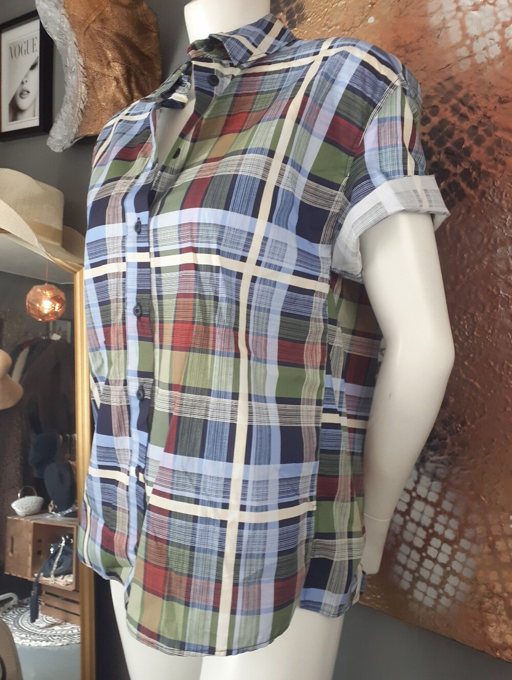 Zara Nwt Classic Short-Sleeve Plaid Button-Up Shirt - Green, Blue And Red - Picture 6 of 13